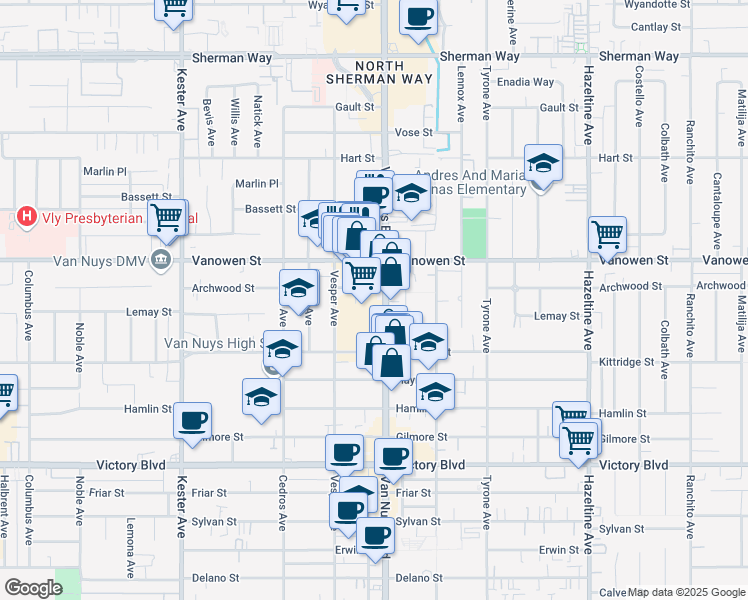 map of restaurants, bars, coffee shops, grocery stores, and more near 6711 Van Nuys Boulevard in Los Angeles
