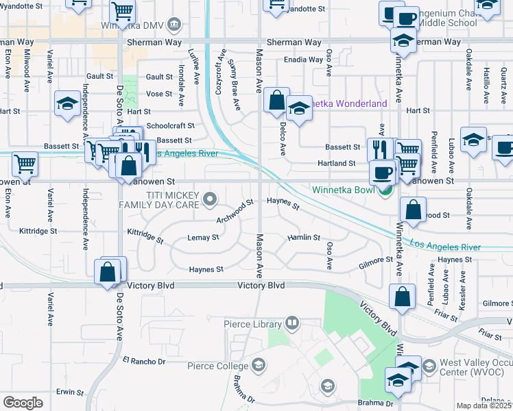 map of restaurants, bars, coffee shops, grocery stores, and more near 20500 Archwood Street in Los Angeles