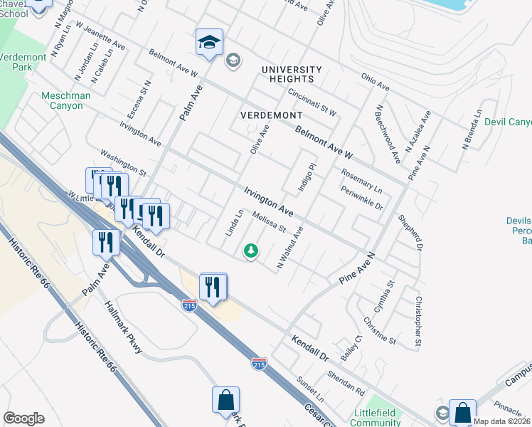 map of restaurants, bars, coffee shops, grocery stores, and more near 2824 Melissa Street in San Bernardino