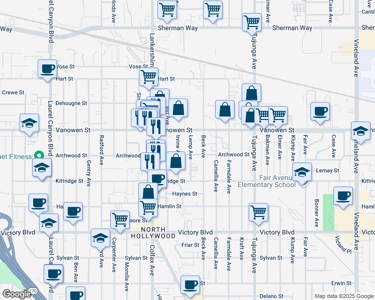 map of restaurants, bars, coffee shops, grocery stores, and more near 6709 Lemp Avenue in Los Angeles