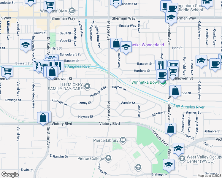 map of restaurants, bars, coffee shops, grocery stores, and more near 20450 Haynes Street in Los Angeles