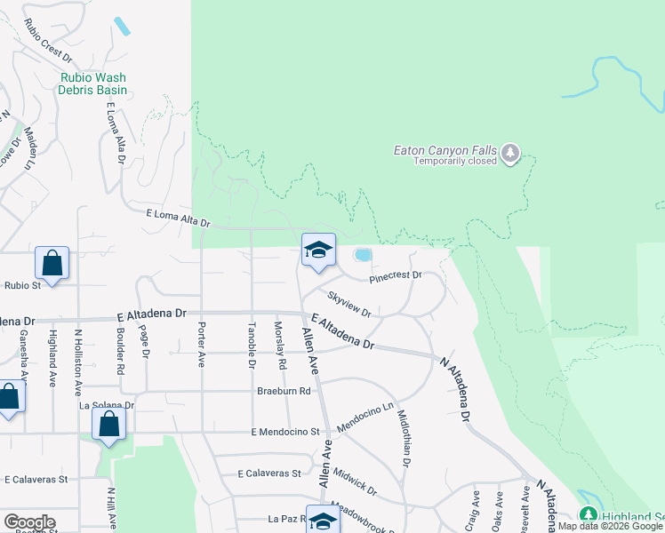 map of restaurants, bars, coffee shops, grocery stores, and more near 1962 East Loma Alta Drive in Altadena