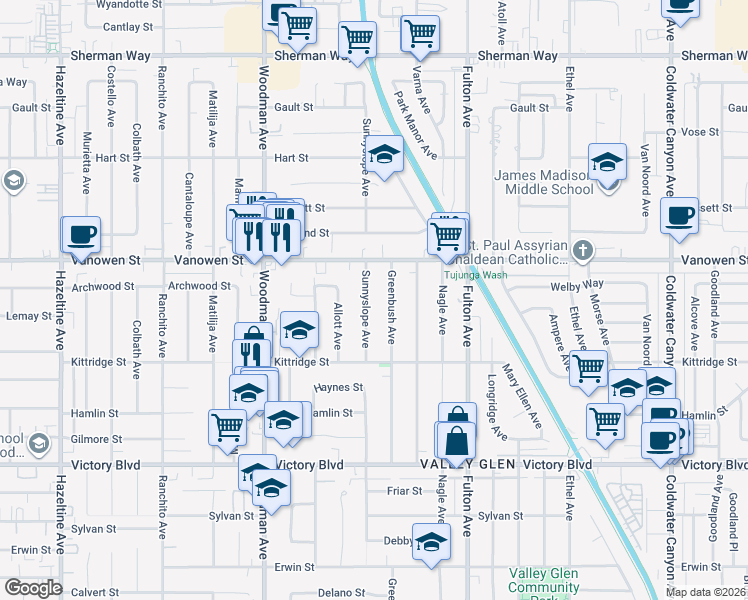 map of restaurants, bars, coffee shops, grocery stores, and more near 6712 Sunnyslope Avenue in Los Angeles