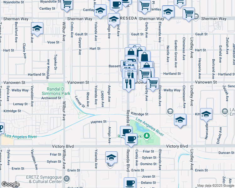 map of restaurants, bars, coffee shops, grocery stores, and more near 6724 Amigo Ave in Los Angeles