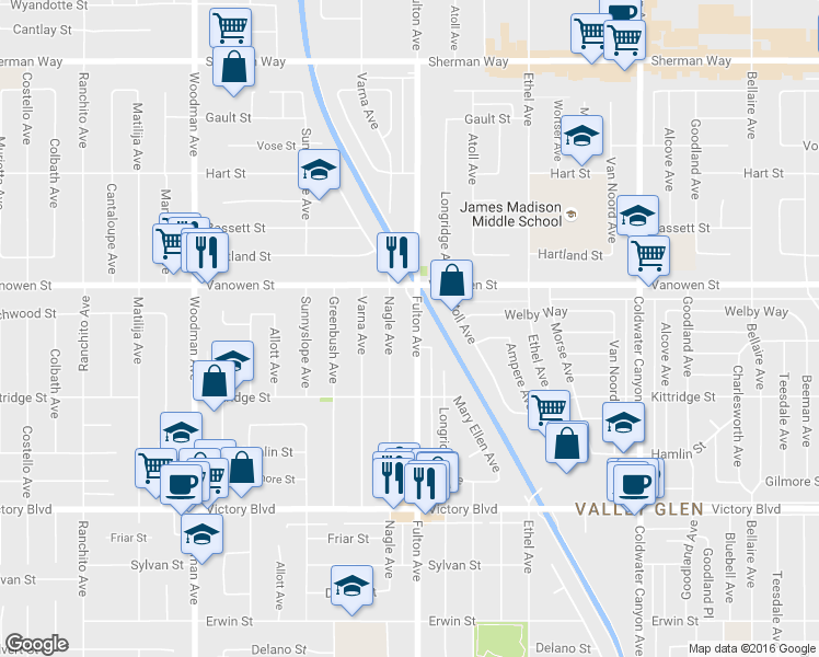map of restaurants, bars, coffee shops, grocery stores, and more near 6711 Fulton Avenue in Los Angeles