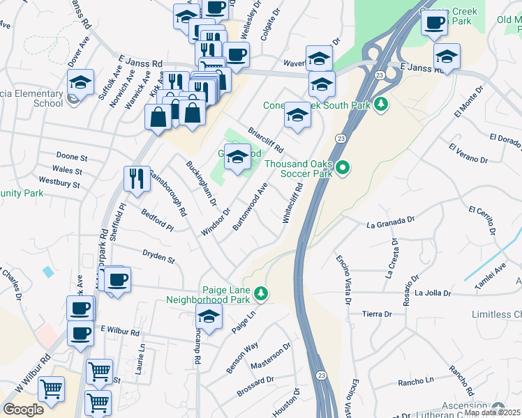 map of restaurants, bars, coffee shops, grocery stores, and more near 719 Spalding Street in Thousand Oaks