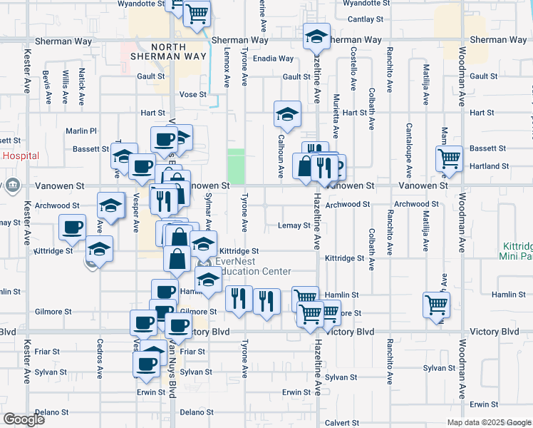map of restaurants, bars, coffee shops, grocery stores, and more near 6718 Katherine Avenue in Van Nuys