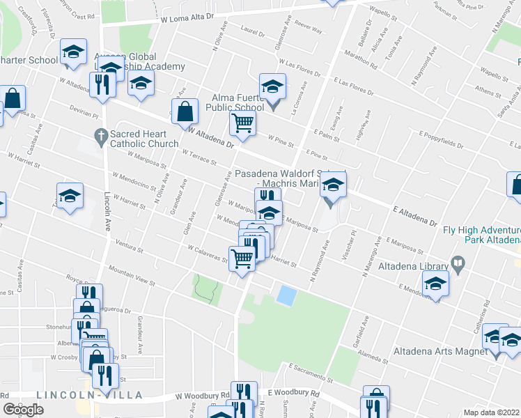 map of restaurants, bars, coffee shops, grocery stores, and more near 43 West Mariposa Street in Altadena