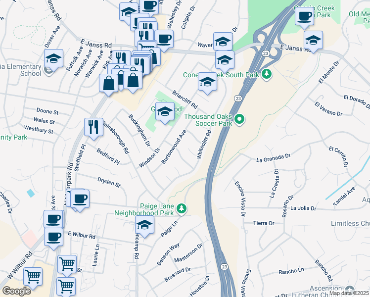 map of restaurants, bars, coffee shops, grocery stores, and more near 719 Spalding Street in Thousand Oaks