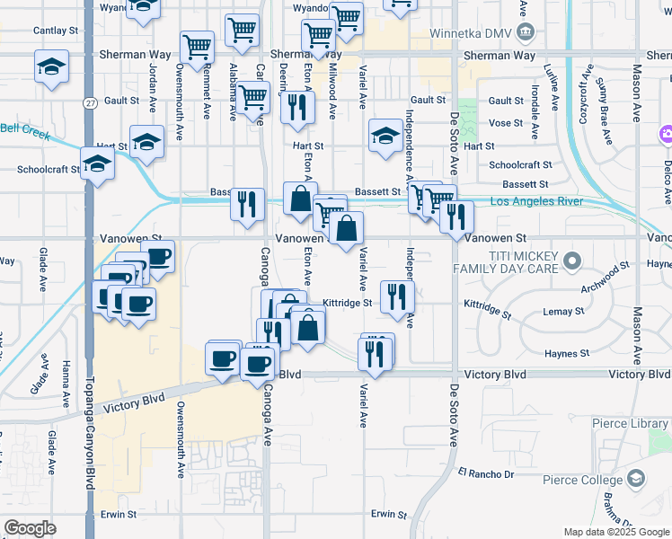 map of restaurants, bars, coffee shops, grocery stores, and more near 6700 Eton Avenue in Los Angeles