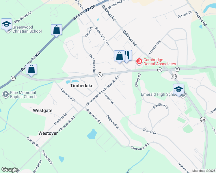 map of restaurants, bars, coffee shops, grocery stores, and more near 119 Chinquapin Road in Greenwood
