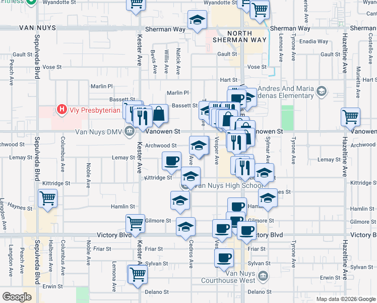 map of restaurants, bars, coffee shops, grocery stores, and more near 6711 Cedros Avenue in Los Angeles