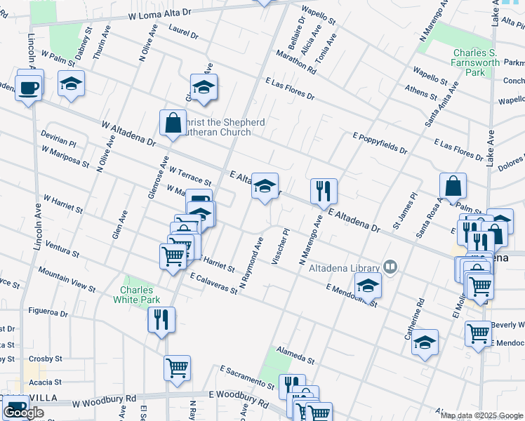 map of restaurants, bars, coffee shops, grocery stores, and more near 209 East Mariposa Street in Altadena