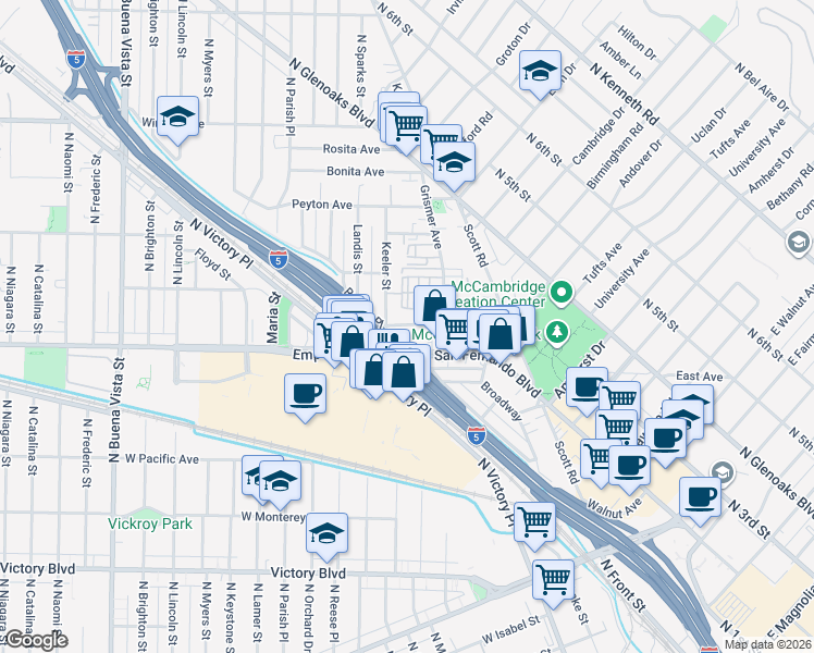 map of restaurants, bars, coffee shops, grocery stores, and more near 1721 Rogers Place in Burbank
