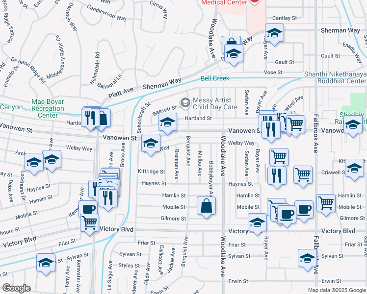 map of restaurants, bars, coffee shops, grocery stores, and more near 23308 Welby Way in Los Angeles