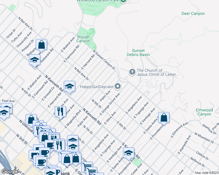 map of restaurants, bars, coffee shops, grocery stores, and more near 1023 Palm Avenue in Burbank