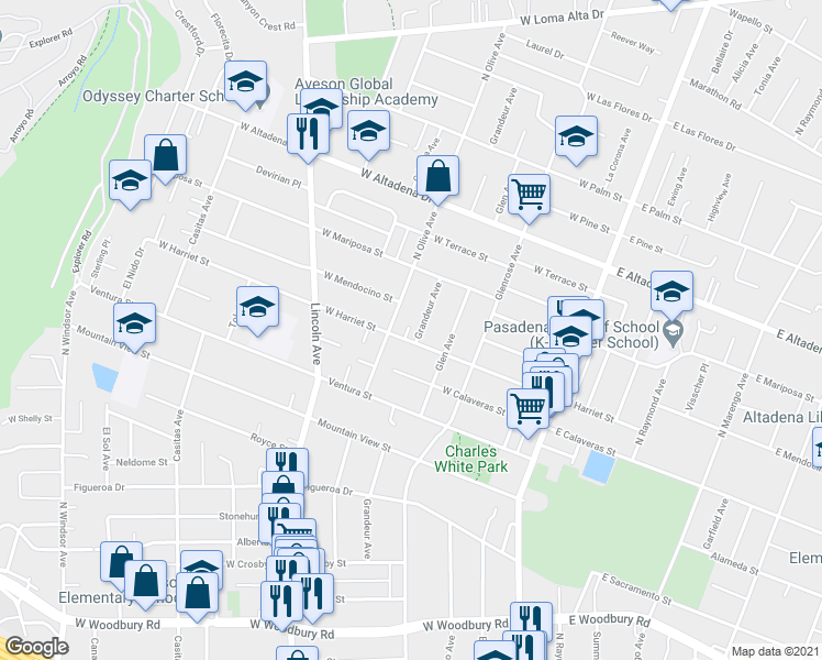 map of restaurants, bars, coffee shops, grocery stores, and more near 2756 Bula Court in Altadena