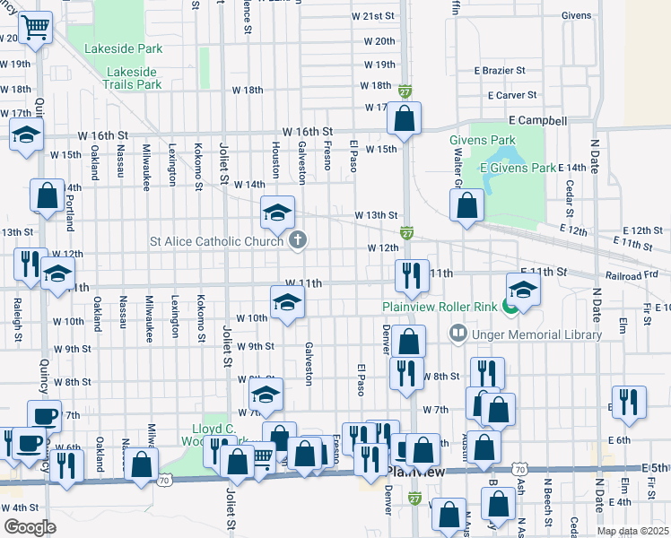 map of restaurants, bars, coffee shops, grocery stores, and more near 1106 Fresno in Plainview