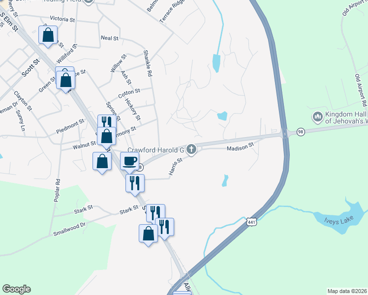map of restaurants, bars, coffee shops, grocery stores, and more near 260 Ila Road in Commerce