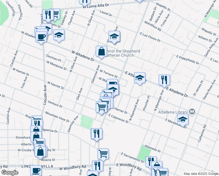 map of restaurants, bars, coffee shops, grocery stores, and more near 43 West Mariposa Street in Altadena