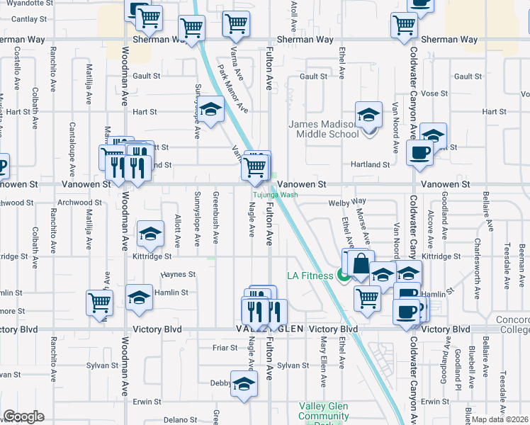 map of restaurants, bars, coffee shops, grocery stores, and more near 6711 Fulton Avenue in Los Angeles
