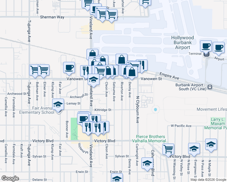 map of restaurants, bars, coffee shops, grocery stores, and more near 6713 Riverton Avenue in Los Angeles