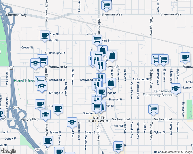 map of restaurants, bars, coffee shops, grocery stores, and more near 6719 Lankershim Boulevard in Los Angeles