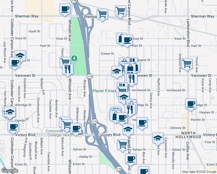 map of restaurants, bars, coffee shops, grocery stores, and more near Saint Clair Avenue in Los Angeles