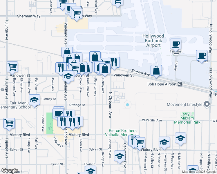 map of restaurants, bars, coffee shops, grocery stores, and more near 6711 Clybourn Avenue in Los Angeles