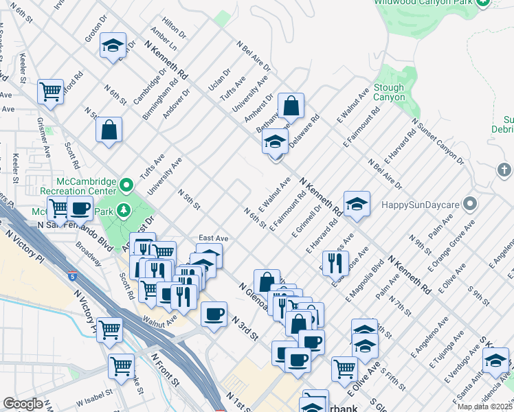 map of restaurants, bars, coffee shops, grocery stores, and more near 615 East Walnut Avenue in Burbank