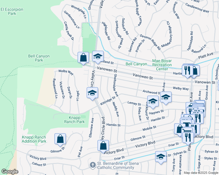 map of restaurants, bars, coffee shops, grocery stores, and more near 6660 Neddy Avenue in Los Angeles