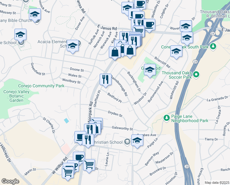 map of restaurants, bars, coffee shops, grocery stores, and more near 1138 Rexford Place in Thousand Oaks