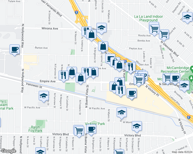 map of restaurants, bars, coffee shops, grocery stores, and more near 2016 North Brighton Street in Burbank