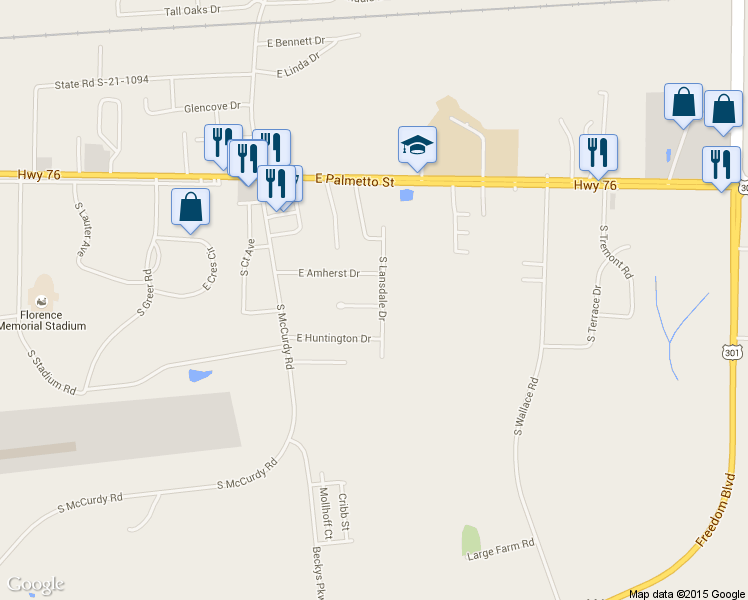 map of restaurants, bars, coffee shops, grocery stores, and more near 307 South Lansdale Drive in Florence