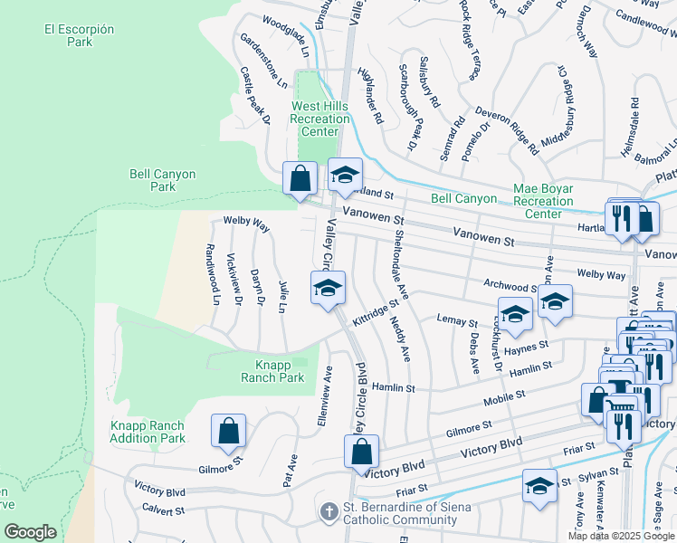map of restaurants, bars, coffee shops, grocery stores, and more near 6666 Valley Circle Boulevard in Los Angeles