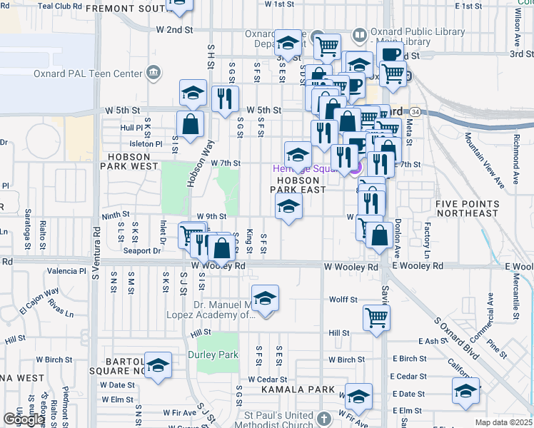 map of restaurants, bars, coffee shops, grocery stores, and more near 864 South F Street in Oxnard