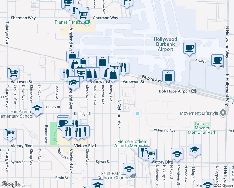 map of restaurants, bars, coffee shops, grocery stores, and more near 6711 Clybourn Avenue in Los Angeles