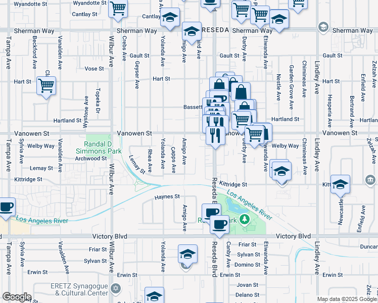 map of restaurants, bars, coffee shops, grocery stores, and more near 6724 Amigo Avenue in Los Angeles
