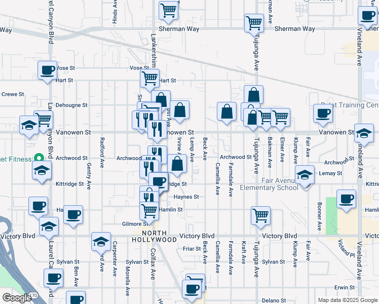 map of restaurants, bars, coffee shops, grocery stores, and more near 6709 Lemp Avenue in Los Angeles