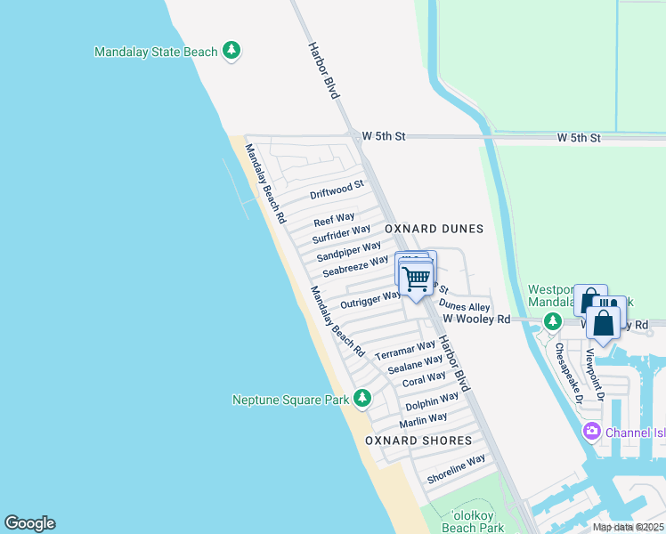 map of restaurants, bars, coffee shops, grocery stores, and more near 5311 Seabreeze Way in Oxnard