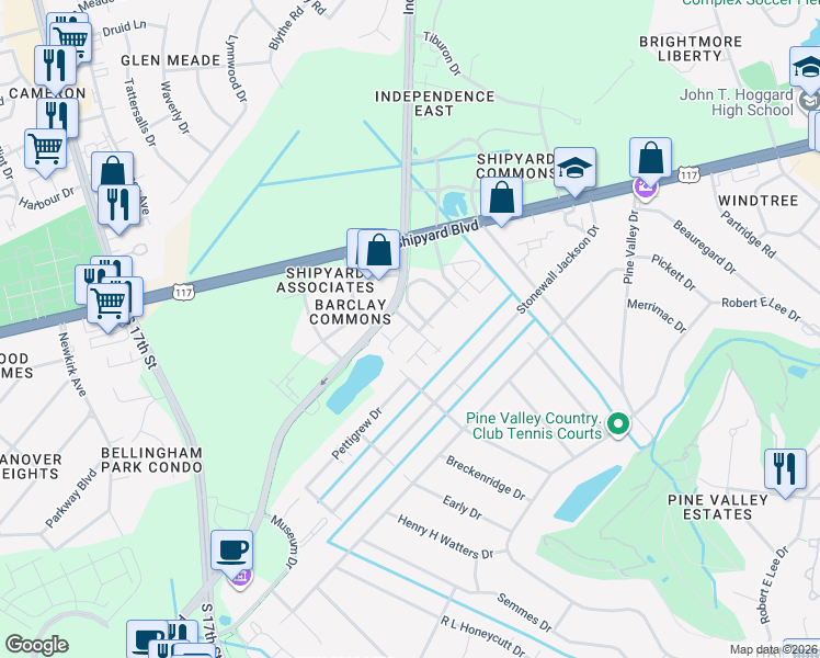map of restaurants, bars, coffee shops, grocery stores, and more near 2557 Croquet Drive in Wilmington