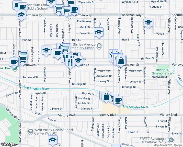 map of restaurants, bars, coffee shops, grocery stores, and more near 6718 Belmar Ave in Los Angeles