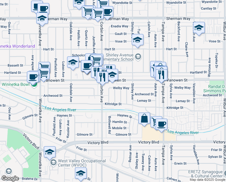 map of restaurants, bars, coffee shops, grocery stores, and more near 6719 Melvin Avenue in Los Angeles