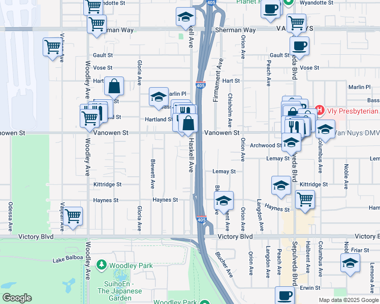 map of restaurants, bars, coffee shops, grocery stores, and more near 6723 Haskell Avenue in Los Angeles