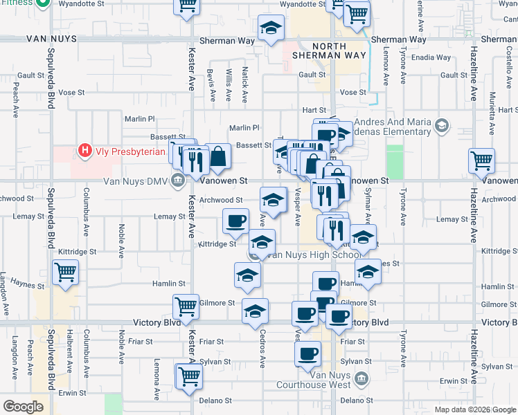map of restaurants, bars, coffee shops, grocery stores, and more near 6711 Cedros Avenue in Los Angeles