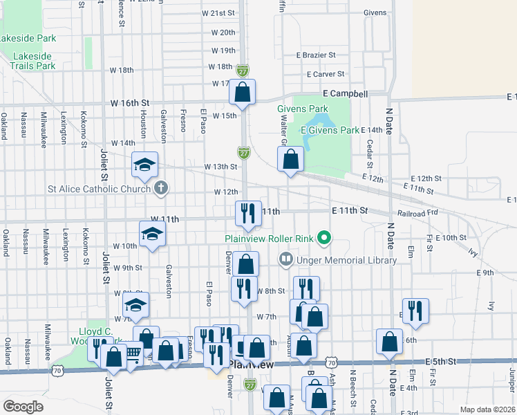 map of restaurants, bars, coffee shops, grocery stores, and more near 307 West 11th in Plainview