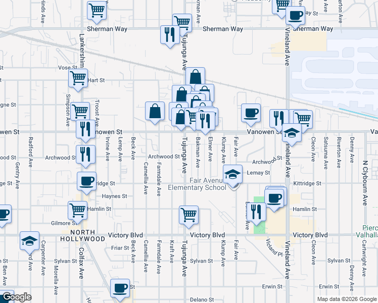 map of restaurants, bars, coffee shops, grocery stores, and more near 6710 Tujunga Avenue in Los Angeles