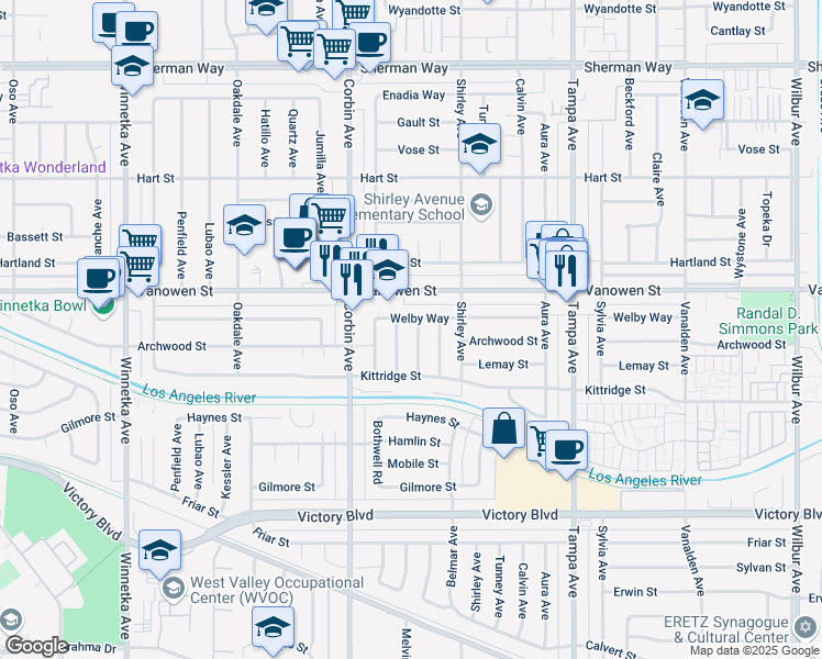 map of restaurants, bars, coffee shops, grocery stores, and more near 6719 Melvin Avenue in Los Angeles