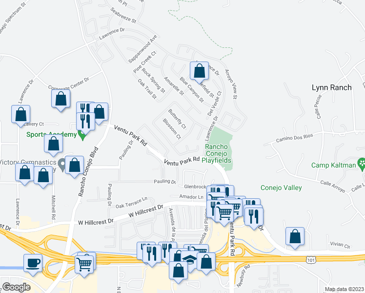 map of restaurants, bars, coffee shops, grocery stores, and more near 991 Javelin Court in Thousand Oaks