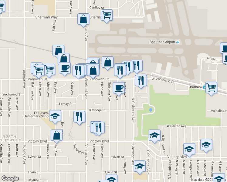 map of restaurants, bars, coffee shops, grocery stores, and more near 6705 Riverton Avenue in North Hollywood